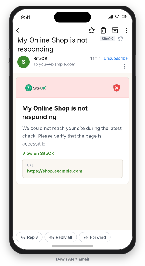 SiteOK downtime alert email on a phone